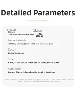 Detailed technical specifications table for MDF wood shadow box frames with glass