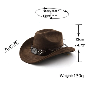 Detailed technical diagram of brown suede cowboy hat with eagle emblem and dimensions