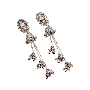 Ethnic style silver tassel earrings with vintage carvings and sparkling crystals