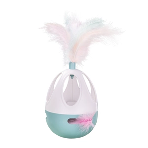 Interactive electric tumbler cat toy with colorful feathers and food dispensing holes