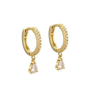 S925 sterling silver geometric hoop earrings with drop zircon tassel in gold finish