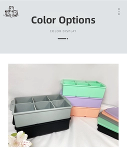 Detail of stackable six-slot silicone ice cube trays with lids in multiple colors