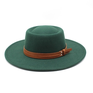 Classic dark green wool felt boater hat with brown leather belt and metal buckle detail