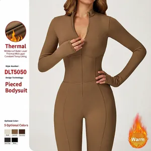 Combinaison de Sport à Manches Longues pour Femmes Col Montant Coupe Ajustée Body de Yoga Doublé Polaire pour Fitness
