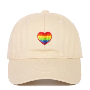 Beige baseball cap with rainbow heart embroidery, classic cotton canvas sun hat for unisex