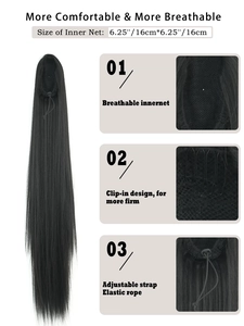 Detail view of the breathable inner net and adjustable drawstring for long ponytail hair extensions