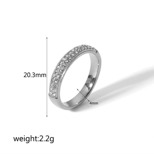 Detail view of 4mm silver-toned eternity ring showing 20.3mm diameter and 2.2g weight