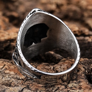 Vintage nautical skull anchor ring in brushed stainless steel with relief engraving