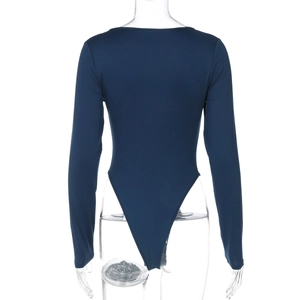 Vue arrière d'un body bleu marine à manches longues avec coupe haute et tissu extensible