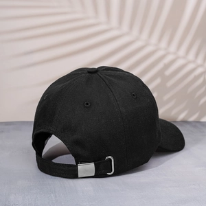 Rear view of black cotton Los Angeles baseball cap featuring adjustable metal buckle strap