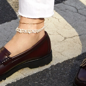 18K gold plated titanium paperclip and pearl anklet set for women with trendy style