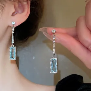 Geometric Rectangular Blue Zircon Long Drop Earrings With 925 Sterling Silver Earring Post Elegant Chic Women Jewelry