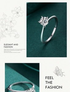 Close-up of four-prong set round solitaire moissanite ring on green velvet
