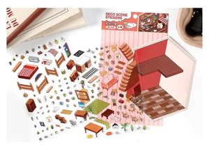 Close-up of 2.5D mini furniture stickers and indoor scene card for journaling