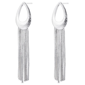 Detail of silver water drop earrings with long geometric tassel chains on white background