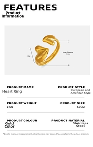 Detailed dimensions of 18K gold plated heart ring with 1.7cm diameter and 2.5g weight