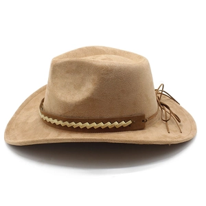 Detail of khaki faux suede cowboy hat with dark brown leather band and tassel detail