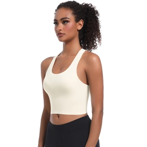 Vue latérale du soutien-gorge de sport sans couture blanc cassé avec large bande de maintien