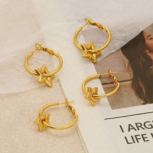 Fashionable gold star charm hoop earrings in titanium steel for women's vintage style