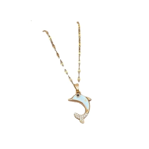 Titanium steel dolphin pendant necklace with shell inlay and micro-pave diamond details