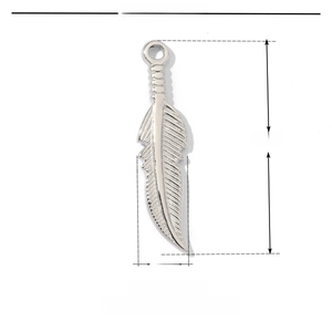 Detailed view of silver feather pendant in stainless steel with 28x6mm dimensions