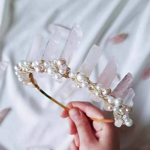 Natural Pink Crystal Artificial Pearl Crown Hairband Handmade Wire Wrapped Hair Comb Bohemian Elegant Festive Headpiece For Women