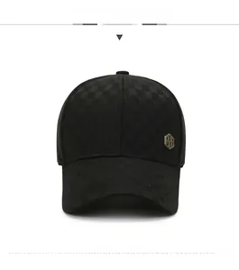 Front view of black checkered baseball cap with small metal hexagon logo detail