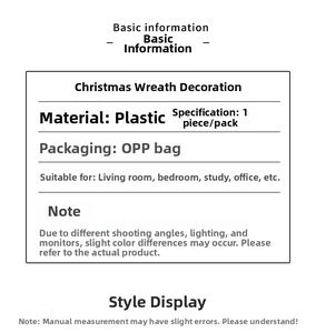 Detailed specifications for plastic Christmas wreath including material and packaging info
