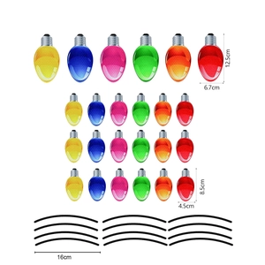 Detailed dimensions of colorful Christmas light bulb magnets and black cable stickers