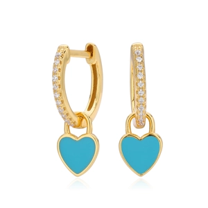 Detailed close-up of gold heart drop earrings with blue enamel and micro-set cubic zirconia