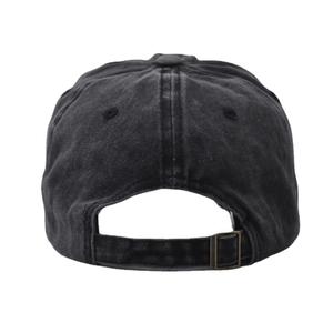 Detail view of washed cotton baseball cap featuring adjustable metal buckle at the back
