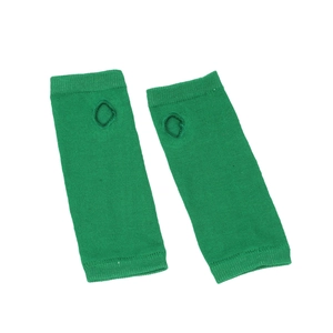 Close-up of green knit arm warmers with thumb holes and soft ribbed texture