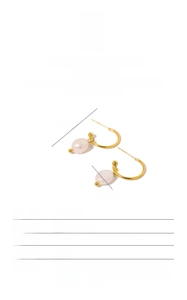 Detail view of titanium steel C-shaped hoop earrings with 1cm baroque pearl pendants