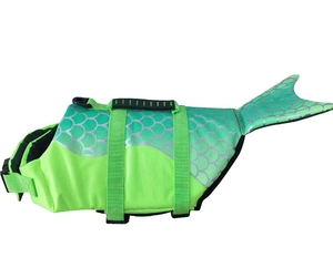 Detail view of fluorescent green dog life jacket with mermaid tail and fish scale texture
