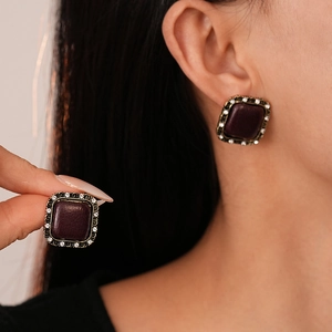 Vintage square fabric stud earrings with purple rhinestones and silver pins for women