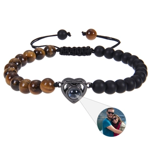 Projection Bracelet Heart Pendant Natural Stone Tiger Eye Rose Quartz Amethyst Adjustable Rope Jewelry For Couples