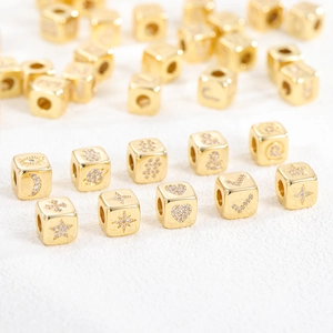18K gold plated cube beads with micro-pave zircon stars, hearts, and letters for DIY jewelry