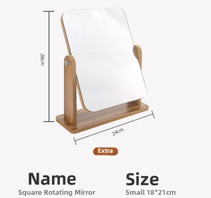 Detailed view of the rotating square wooden vanity mirror with dimensions 28cm by 24cm