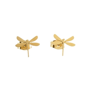 Minimalist 14k gold dragonfly stud earrings in matte stainless steel on white background
