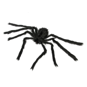 Giant black furry spider toy with red eyes for Halloween party and haunted house decor
