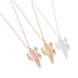 Three minimalist hollow cactus pendant necklaces in gold, silver, and rose gold stainless steel