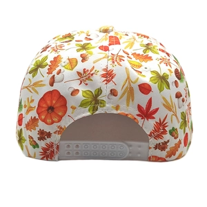 Detail of snapback closure and autumn leaf mushroom print on the baseball cap back