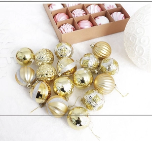 Detail of pink and gold Christmas ball ornaments with glitter and matte textures on fur