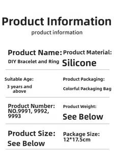 Silicone DIY bracelet and ring set specifications showing dimensions and age suitability