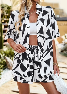 Close-up of lightweight black and white geometric print shirt and shorts summer set