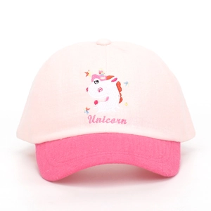 Kids pink and magenta baseball cap with cartoon unicorn embroidery and cotton panels