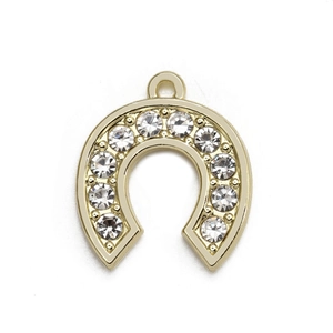 Golden horseshoe pendant charm with sparkling white rhinestones on a white background
