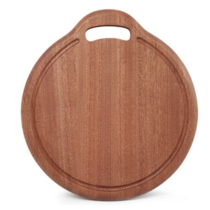 Round ebony wood cutting board for baby food with handle hole and juice groove