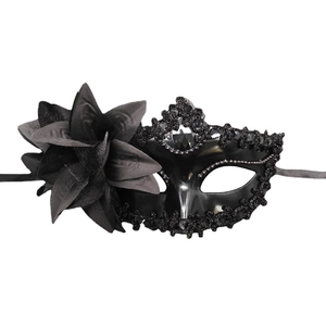 Elegant black masquerade half face mask with side lily flower and sequin details