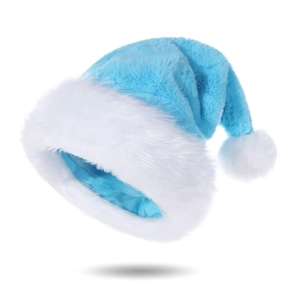 Detail of high-quality plush blue Christmas hat with soft white faux fur trim and pompom